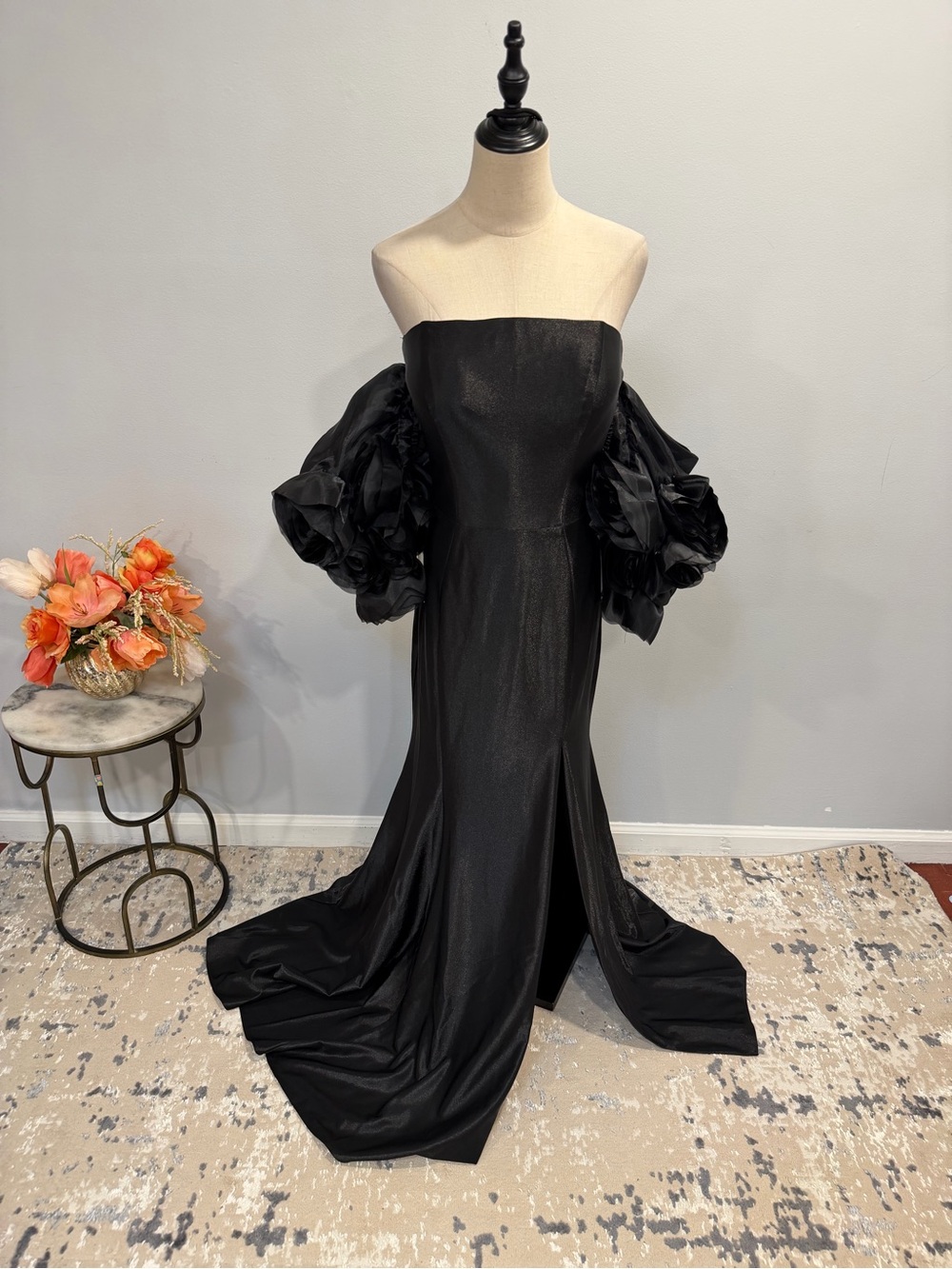 Colors Black Off-Shoulder Statement Puff Rosette Floral Sleeves Formal Gown